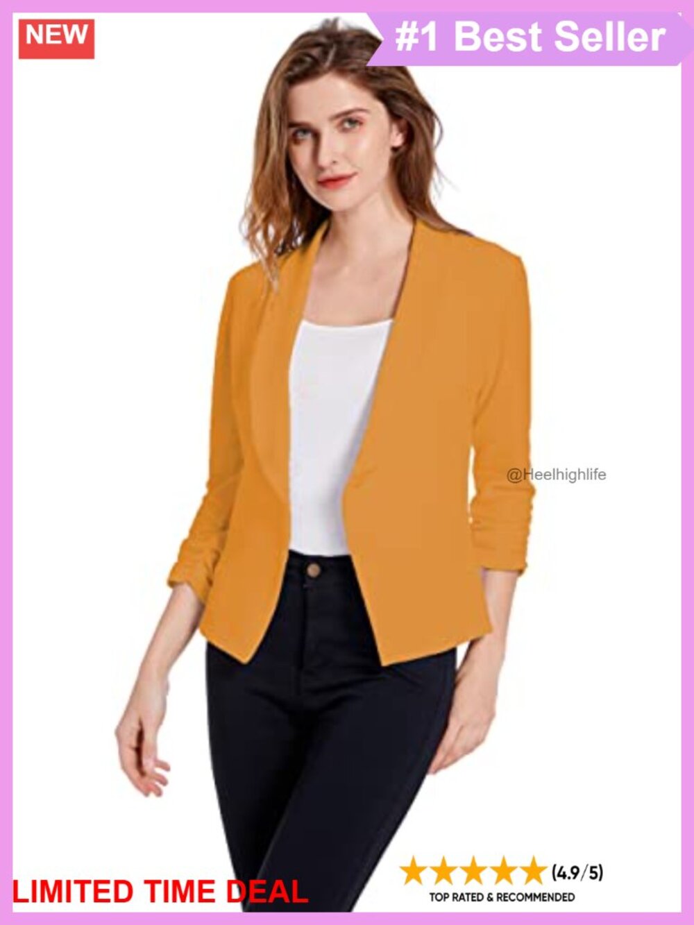 Women's Lightweight Stretchy Blazer One Button 3/4 Ruched Sleeve Business Casual